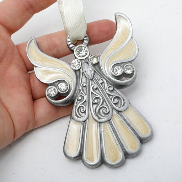 Enamelled Angel Tree Ornament Holidays Christmas Cream Silver Rhinestones - Picture 2 of 8